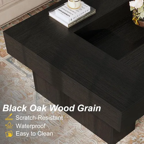 Miniatura 8 de LVB - Mesa de café negra, mesa de sala moderna de madera con LED y almacenamiento, mesa central única de gran tamaño y forma rectangular con luz