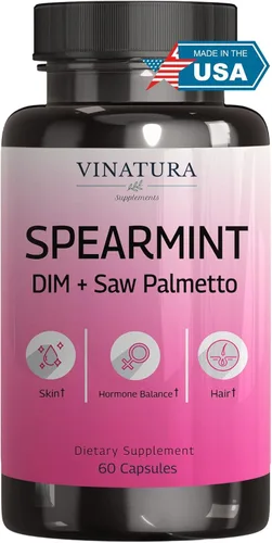 VINATURA Spearmint Cápsulas Suplemento – Extracto de hoja de menta verde mejorado con DIM y Saw Palmetto, para cabello no deseado, salud y piel de