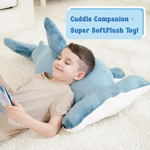 Miniatura 5 de juguete de peluche de tiburón con cabeza de martillo de 37 pulgadas, tiburón gigante suave y realista, tiburón de peluche azul para océano, regalo