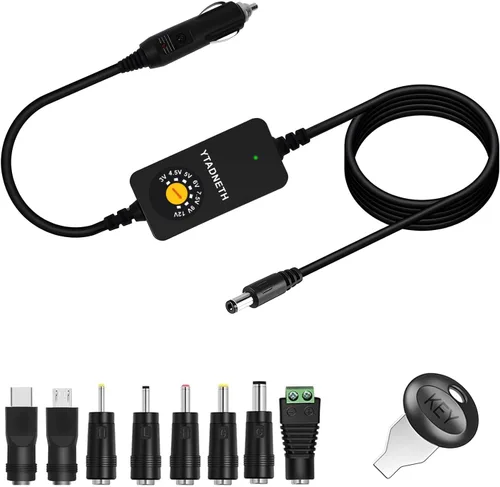 Adaptador de cargador de coche con 3 V, 4.5 V, 5 V, 6 V, 7.5 V, 9 V, 12 V, 2 A, encendedor de cigarrillos automático, enchufe macho, cable adaptador