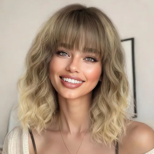 Miniatura 34 de AISI HAIR Peluca Bob Sintética Rizada y Ondulada Marrón Natural con Flequillo para Mujeres, 21-23 Pulgadas Marrón oscuro