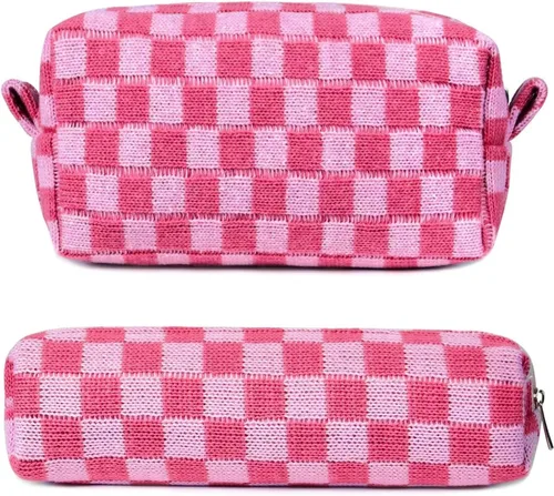 Miniatura 8 de Aucuu 2 bolsas de maquillaje a cuadros, bolsa de aseo portátil de viaje con cremallera, bolsa de maquillaje, bolsa de almacenamiento de cosméticos