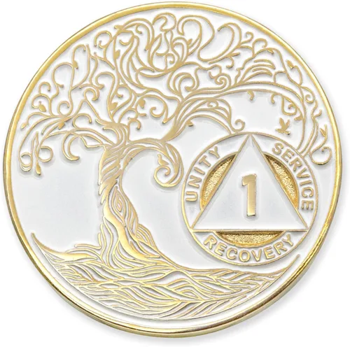 Miniatura 170 de 20 Year Sobriety Mint Twisted Tree of Life - Medallón de recuperación AA chapado en oro, fichas y fichas, color negro