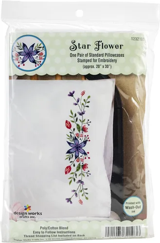 Design Works Crafts Flores de estrella estampadas para fundas de almohada bordadas, blancas, estándar