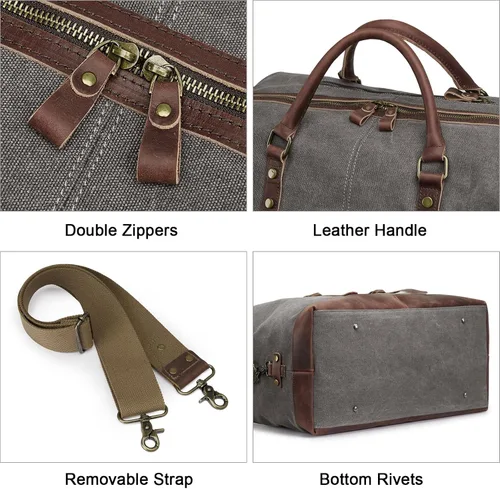 Miniatura 12 de S-ZONE - Bolsa de viaje de lona sobredimensionada con adornos de cuero genuino, bolsa deportiva de hombro de fin de semana, bolso de fin de semana