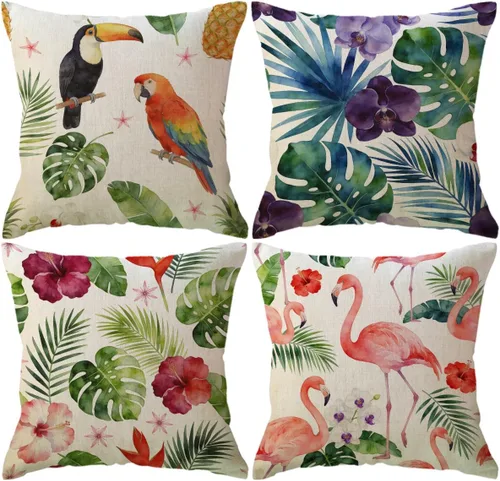 ULOVE LOVE YOURSELF Fundas de almohada decorativas para el hogar, patrón de flamenco y hojas de flores tropicales, fundas de cojín de verano de 18 x