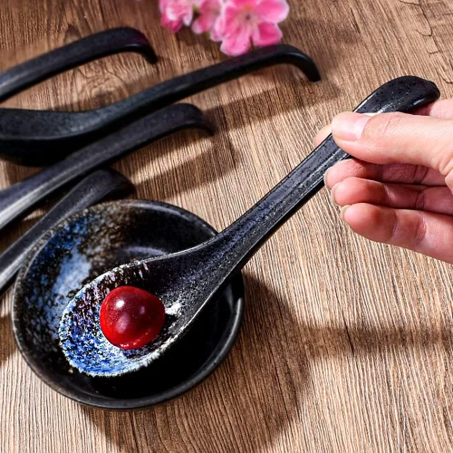 Miniatura 4 de Juego de 5 cucharas de sopa de mango largo japonés y coreano de 7 pulgadas con mango curvo para cucharas de miso pho