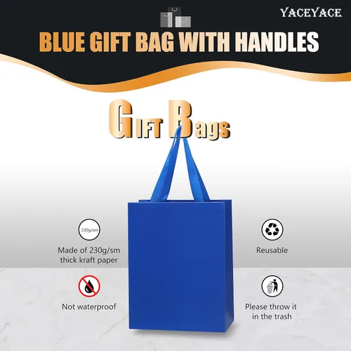 Miniatura 5 de Bolsas de regalo azules, 10 unidades, 8 x 4.25 x 10.5 pulgadas, bolsas de regalo de papel azul mediano con asas de cinta, multiusos, boda