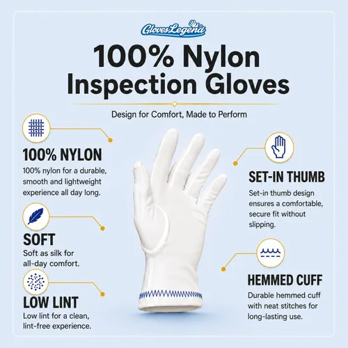 Miniatura 3 de Guantes de inspección de nylon blancos para la joyería, moneda, reloj y manejo de arte Large - 6 pares - blanco