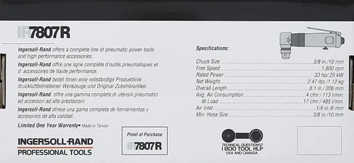 Miniatura 6 de Ingersoll Rand 7807R Taladro angular de aire reversible de 3/8 pulgadas, servicio estándar, 1800 RPM, mandril multimanualidades Jacobs silencioso
