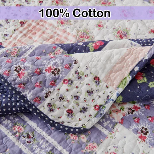 Miniatura 6 de EVENHUG Juego de edredón de retazos de 100% algodón, tamaño King, ligero, floral, juego de ropa de cama, colcha reversible con fundas de almohada