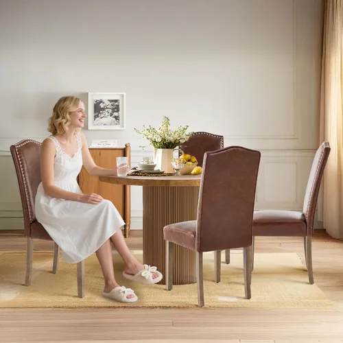 Miniatura 4 de Silla de comedor tapizada moderna y elegante Parsons con respaldo alto con ribete plateado de cabeza de clavo y patas de madera, juego de 4, piel