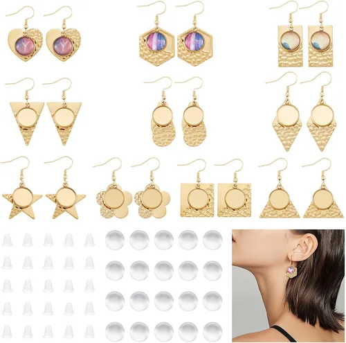 Miniatura 21 de FASHEWELRY 54Pcs Bandejas de bisel para pendientes de acero inoxidable en blanco Geometría rombos lágrima con cabujones de vidrio redondo de 12 mm