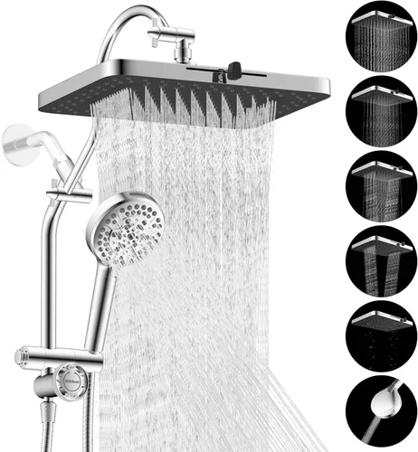 Miniatura 11 de Hibbent Combo de Cabezal de Ducha de Lluvia con Doble Filtro de 5 Chorros, Cabezal de Ducha de Alta Presión de 13'' con Ducha de Mano de 10 Modos