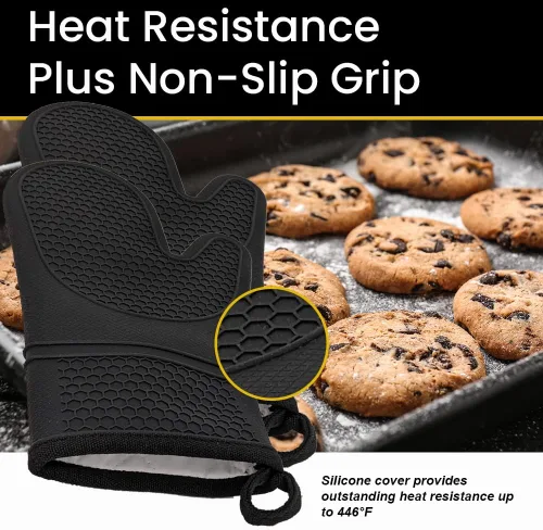 Miniatura 3 de Generic Guantes de silicona para horno, antideslizantes, flexibles, duraderos, fáciles de limpiar, forrados de algodón, color negro (2 unidades)