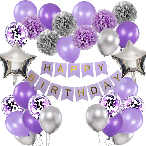 Decoraciones de cumpleaños para niñas púrpura y plata Lavanda fiesta decoración Kit para ella mujer incluyendo feliz cumpleaños Banner pompón flor