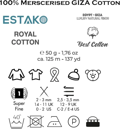 Miniatura 2 de Estako Algodón Royal, 100% hilo de algodón giza mercerizado, suave, súper fino 1 para ganchillo y tejer, 1.76 onzas (50g) / 137 yardas (125m)