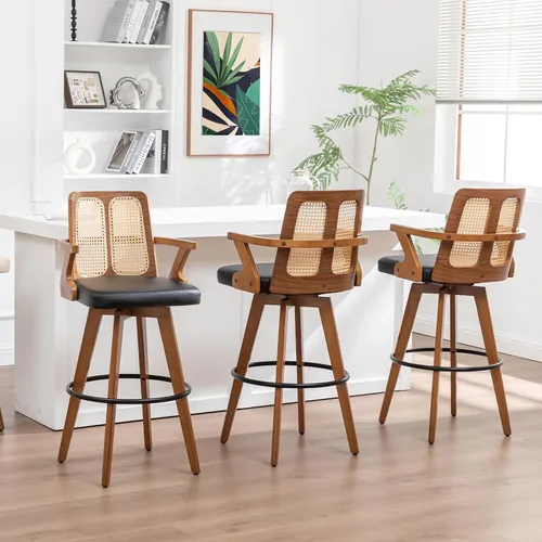 Miniatura 35 de Juego de 2 Taburetes de Mostrador - Taburetes Giratorios de 27 Pulgadas con Respaldo de Ratán, Brazos Curvos, Asiento Tapizado, Patas de Bambú Nogal