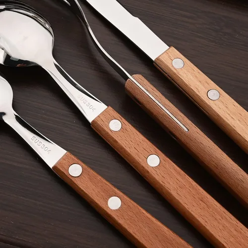Miniatura 4 de Juego de cubiertos de madera de acero inoxidable 304 con mango ancho, juego de cubiertos de madera duradera, utensilios reutilizables, espejo