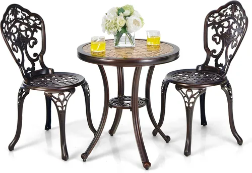 Tangkula Juego de 3 piezas de patio bistró, juego de mesa y sillas de aluminio fundido para exteriores, mesa redonda de bistró y sillas para porche,