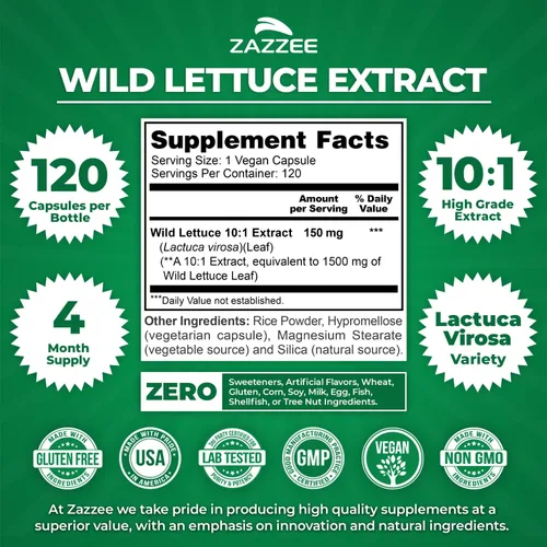 Miniatura 2 de Zazzee Extracto de lechuga silvestre extra fuerte 4:1, 500 mg de fuerza, 120 cápsulas veganas, potente variedad Lactuca Virosa, extracto 4X