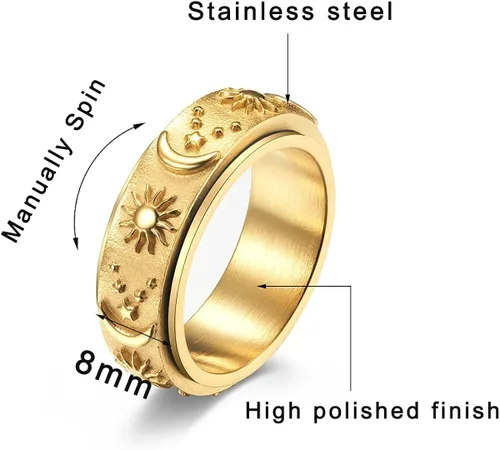 Miniatura 2 de Nanafast Anillo giratorio de acero inoxidable para aliviar la ansiedad y el estrés, anillo de compromiso de Horus, sol, luna, estrellas