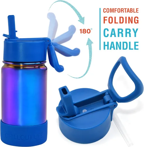 Miniatura 6 de CHILLOUT LIFE Botella de agua aislada para niños de 12 onzas para la escuela con tapa con pajilla, a prueba de fugas y bonitas calcomanías Azul