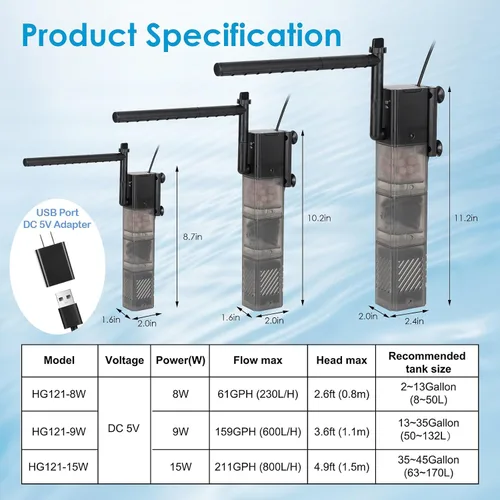 Miniatura 6 de hygger Filtro de acuario DC 5V Filtro de tanque de peces silencioso de energía de 5 V con aireación de lluvia Filtración de 3 etapas Filtro interno