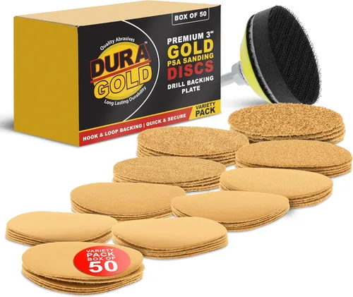 Dura-Gold - Premium - Paquete Variado (40,60,80,120,220,320,400,600,800,1000) - Discos de lija dorados de 7.6 cm con gancho y bucle para lijadoras