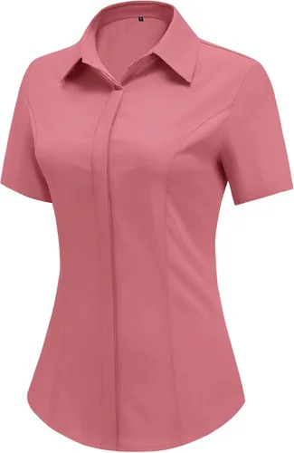 Miniatura 16 de HOTOUCH Camisas de manga corta con botones para mujer, blusa con cuello ajustado, blusa básica de verano para oficina, tallas S-2XL