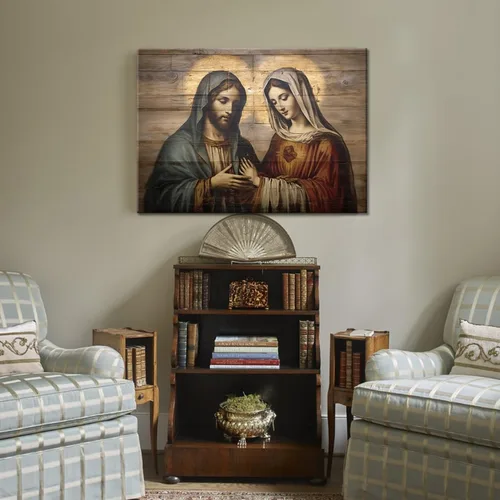 Miniatura 4 de GLOKAKA Arte de pared de Jesús y la Virgen María, cuadros de Jesucristo y Virgen María sobre fondo de madera, pintura de escritura religiosa Obra