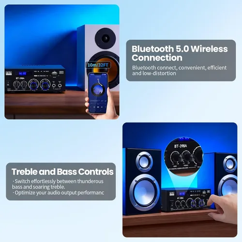 Miniatura 4 de Receptores de amplificador estéreo, BT-398A Bluetooth 5.0 amplificador de audio RMS 60W+60W 2.0 canales Mini amplificadores de sonido Amplificadores