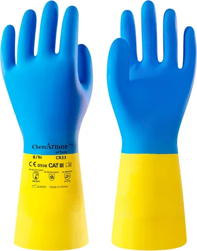 AnTools 2 pares de guantes de goma y neopreno resistentes a productos químicos, guantes industriales de protección para resistir ácidos, álcalis,