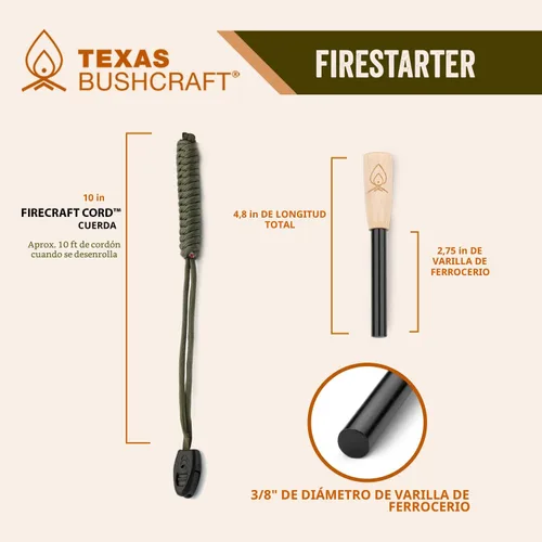Miniatura 8 de Texas Bushcraft Arrancador de fuego, varilla de ferro de 3/8 pulgadas de grosor con golpeador y cordón de muñeca de paracaídas, encendedor