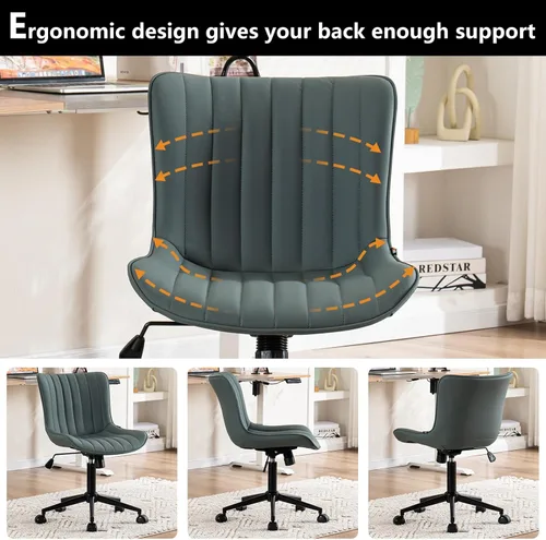 Miniatura 7 de YOUNIKE Silla ergonómica de oficina sin brazos, de piel sintética, pequeña y bonita silla de escritorio con respaldo mecedora de 12°, altura verde