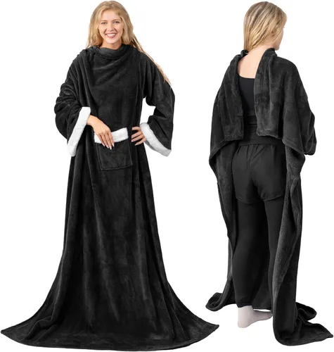 Miniatura 3 de PAVILIA Manta de forro polar con mangas para mujeres y hombres adultos, manta portátil cálida y suave, acogedora con bolsillo para abrazarse, manta