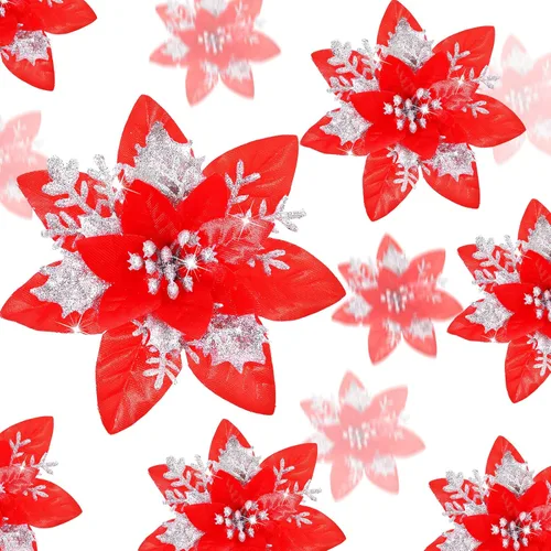 Miniatura 13 de 36 piezas de flores de Pascua artificiales con purpurina de Poinsettia para Navidad, flores de Poinsettia artificiales para bodas, decoraciones