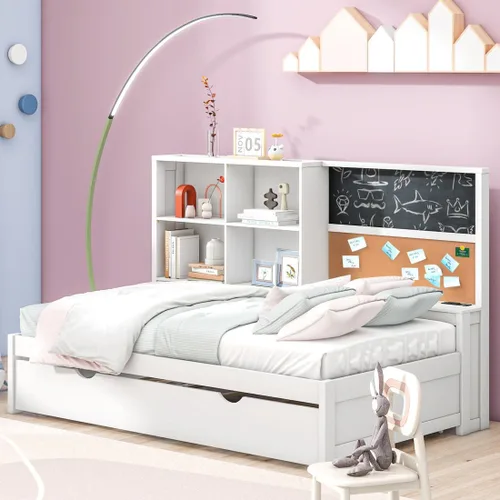 Sofá cama de tamaño individual con nido y estantería, pizarra, tablero de corcho, sofá cama con estación de carga, puertos USB, color blanco Blanco-t