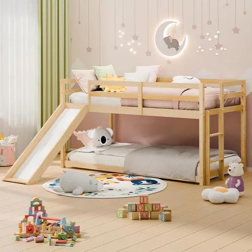 Miniatura 8 de MU Litera baja con tobogán, litera individual sobre individual, marco de cama de madera maciza con escalera de escalada y riel de protección de Gris