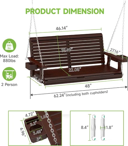 Miniatura 2 de Real Relax - Columpio de madera para el porche delantero, silla colgante de patio al aire libre de 2 plazas con portavasos, banco de asiento