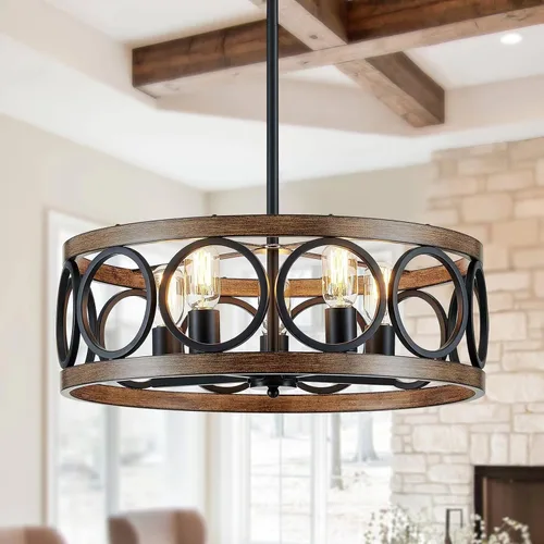 Miniatura 10 de XINGQI Candelabro de tambor de 21.7 pulgadas, lámpara de comedor de granja, iluminación de cocina de níquel cepillado de grano de madera, 5 luces