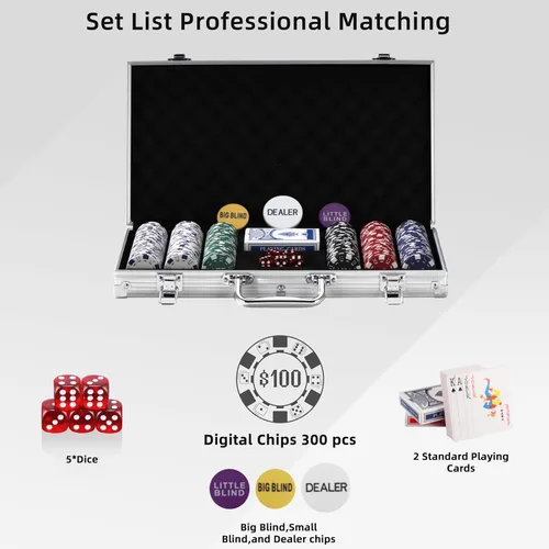 Miniatura 4 de Juego de 300 fichas de póquer numeradas para Texas Holdem, Blackjack, torneos con estuche de aluminio, 2 barajas de cartas, distribuidor, ciego Negro