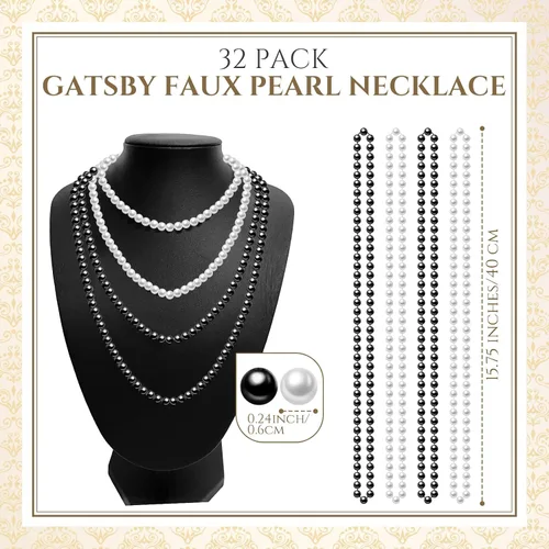 Miniatura 2 de Paquete de 32 collares largos de perlas de los años 20, joyería de disfraces, collar de perlas falsas de Gatsby a granel, collar de perlas