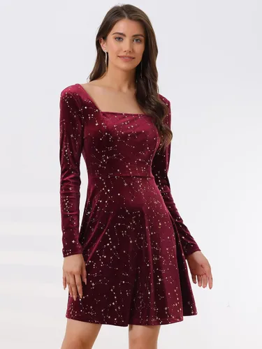 Miniatura 3 de Allegra K Minivestido de terciopelo vintage con cuello cuadrado y estrellas navideñas para mujer