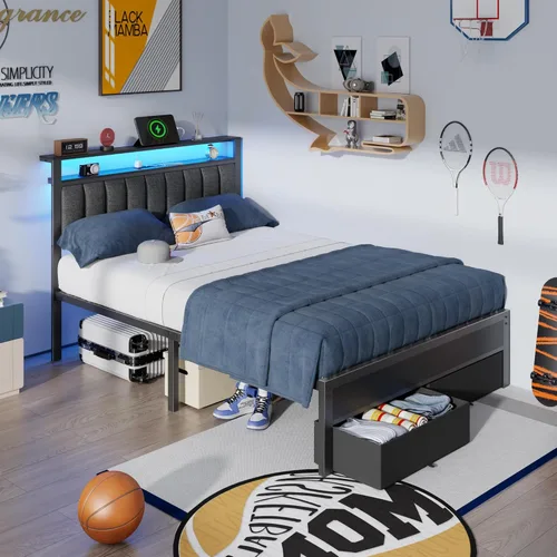 Miniatura 5 de Furnulem Marco de cama tamaño matrimonial con estación de carga y luces LED, cabecero tapizado en gris con estantes, cama de plataforma de metal