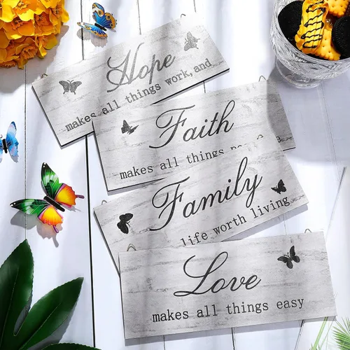 Miniatura 7 de Jetec 4 carteles de pared de madera con texto en inglés «Faith Love Hope», placas rústicas de granja blancas con citas inspiradoras, decoración