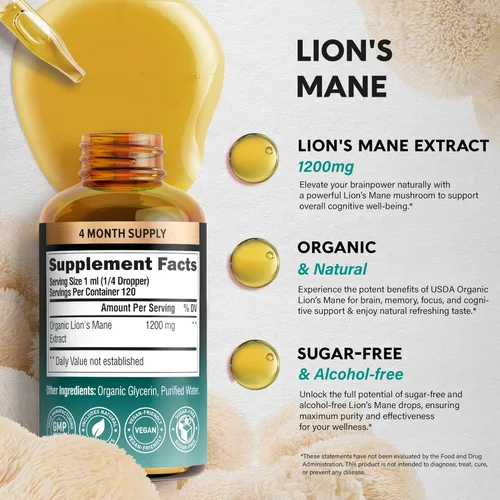 Miniatura 5 de Lions Mane Liquid - Suplemento Orgánico de Melena de León Certificado por USDA - Apoyo Cerebral, Energía, Memoria y Concentración - Extracto