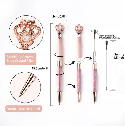 Miniatura 2 de YOUMI Bolígrafo de 3 bolígrafos de metal de cristal con corona, bonito bolígrafo brillante, bolígrafos de cristal personalizados, tinta negra