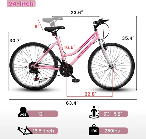 Miniatura 9 de Ecarpat Bicicleta de montaña para niñas y mujeres, 24/26 pulgadas, 21 velocidades, regalos de viaje de verano, bicicletas de freno en V femenino