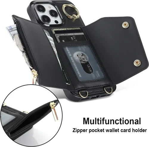 Miniatura 4 de LUVI Funda para iPhone 11 Pro Max con correa para el cuello, correa cruzada, correa de muñeca, funda protectora con ranura para tarjeta de crédito
